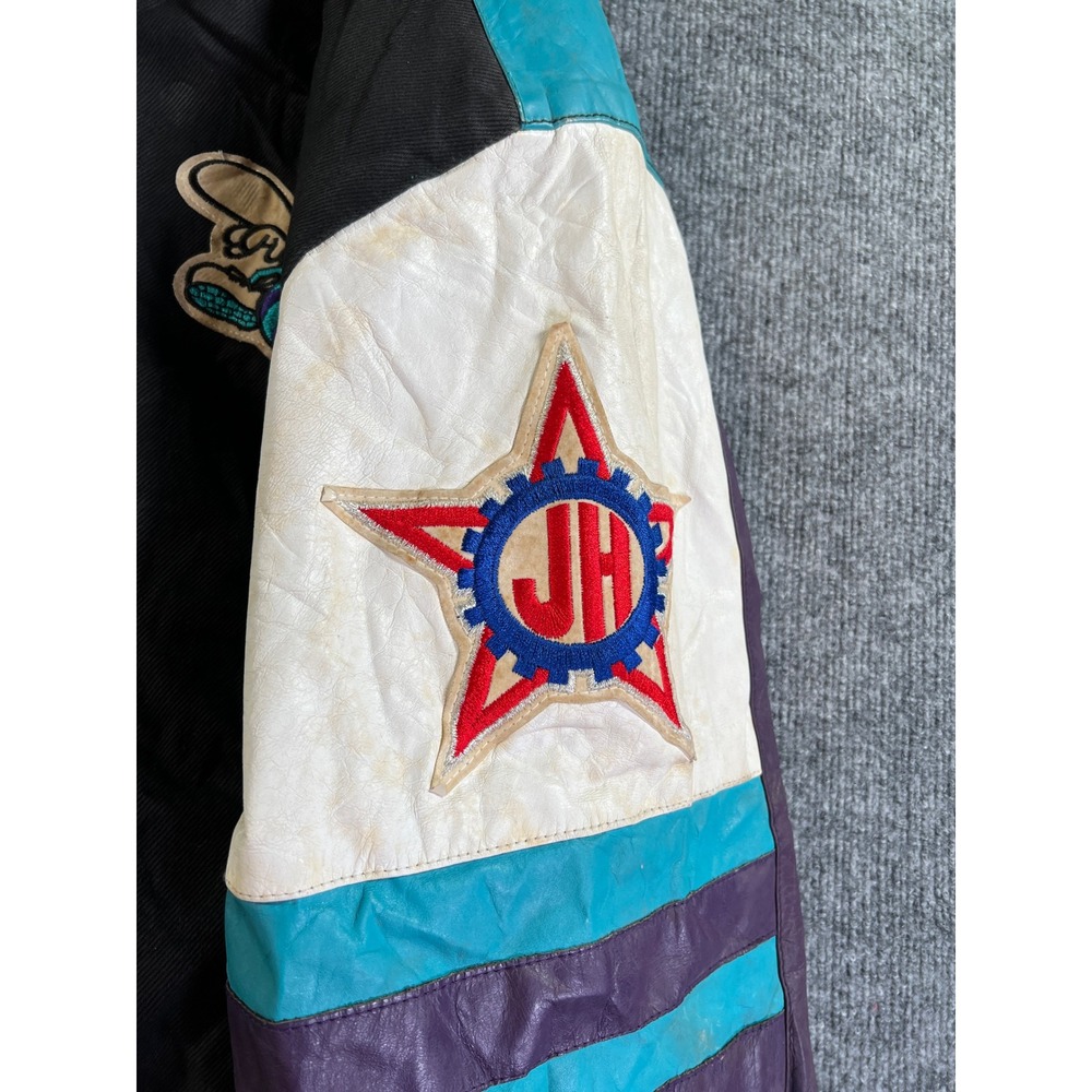 Vintage Jeff Hamilton Charlotte Hornets Leather 90s Varsity Jacket Mens XL Black - Picture 10 of 16